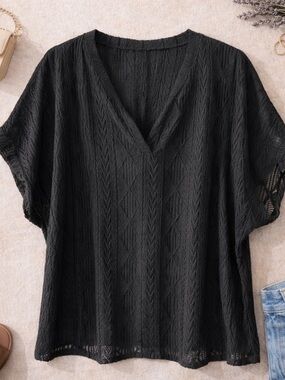 Black Open Knit V Neck Short Sleeve Top Sheer Boho